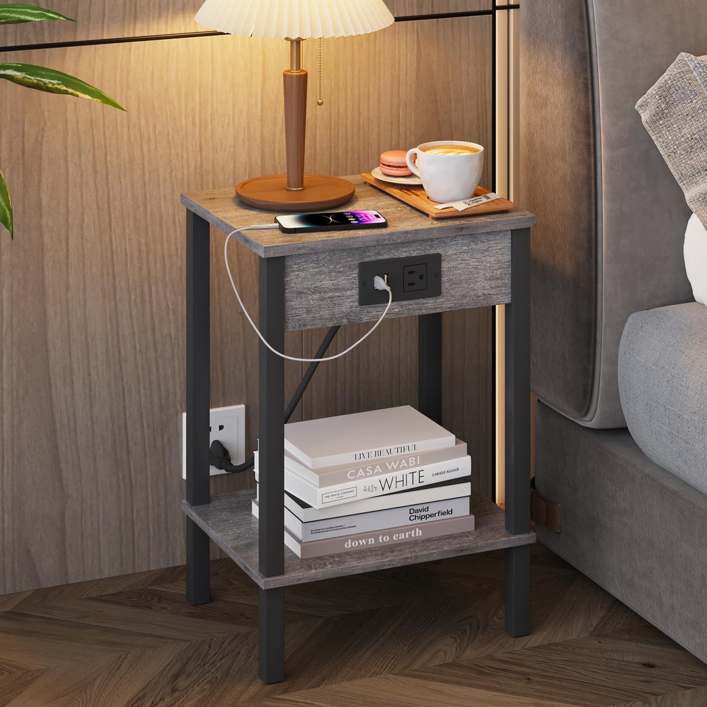 VIMBER Side Table with Charging Station, Set of 2 End Tables with USB Port and Outlets, Nightstands with 2-Tier Storage Shelves, Sofa Table for Small Space, Living Room, Bedroom, Grey 102H2
