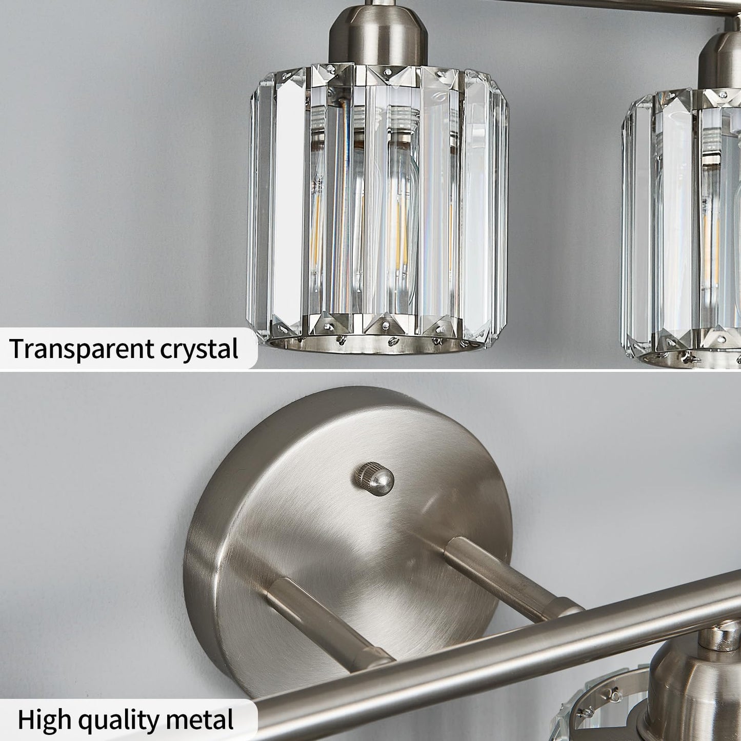 FDPBY Modern 4 Light Crystal Vanity Light, Brushed Nickel Vertical Bathroom Light Fixture Over Mirror for Dressing Table Sink, Compatible with Dimmable Bulbs (Bulbs Not Included)