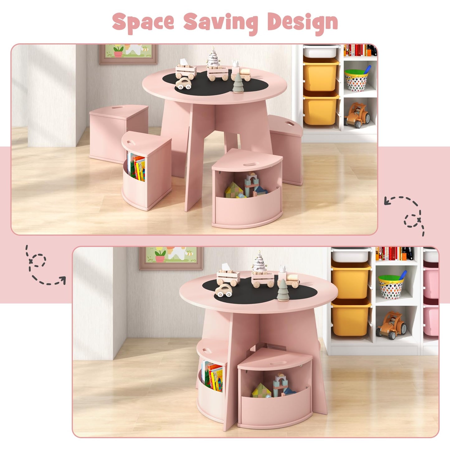 INFANS Toddler Table and Chair Set with 4 Storage Stools, Wooden Flower Shaped Nesting Table with Blackboard Drawers, Children Multi-Activity Table for Art Crafts Draw Read Boys Girls 3+