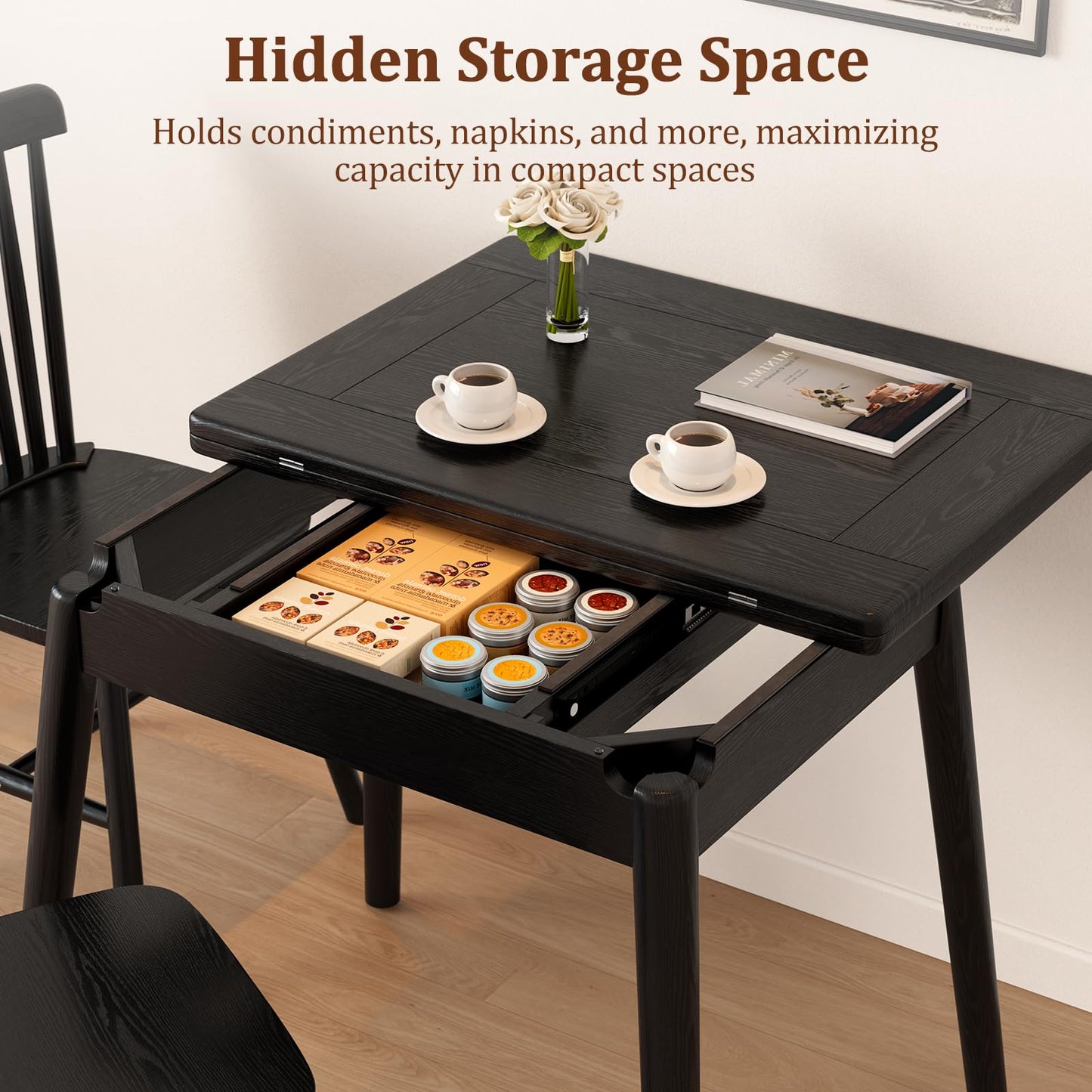 DONGMUWUJEE Solid Wood Small Dining Table, 23.6"L-47.2"L Expandable Kitchen Table for 2-6, Designed for Small Spaces, Easy Assembly, Suitable for Kitchen, Dining Room, Living Room, Apartment (Black)