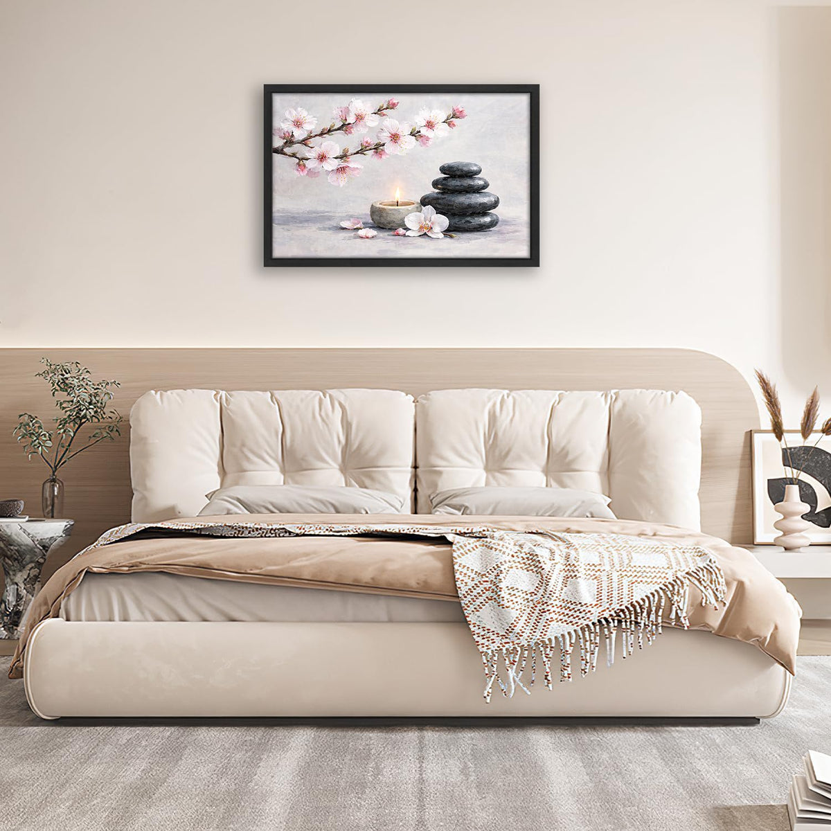 Framed Zen Stones Wall Art Yoga Meditation Picture Wall Decor Zen Minimalist Canvas Print Painting Neutral Calming Artwork Gifts for Bathroom Spa Room Bedroom Home Decoration 16"x24"