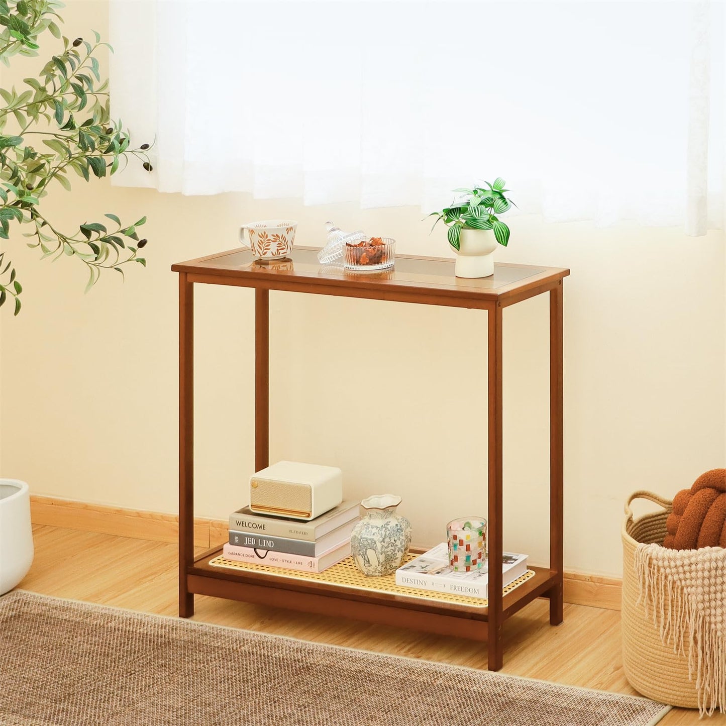 Mordchil HF Bamboo Narrow Console Table, 31.5"(L) Wood Small Entryway Table with Rattan and Glass, Accent Slim Hallway Tables, Thin Sofa Side Tables for Hallway, Living Room, Bedroom, Foyer, Walnut