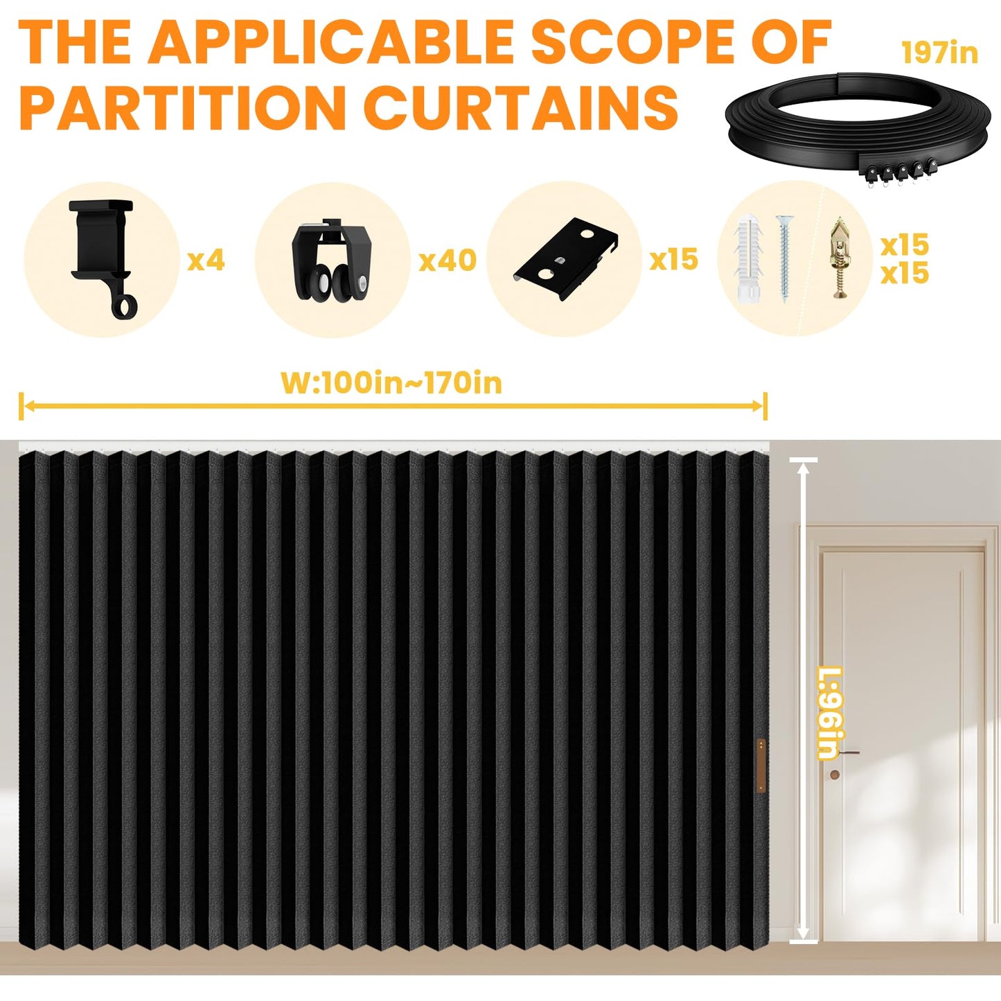 Room Divider Curtain Sets with Flexible Ceiling Track, Privacy Soundproof Curtain for Bedroom Office Patio Sliding Door(Black, W180 x L96, 1 Pack)