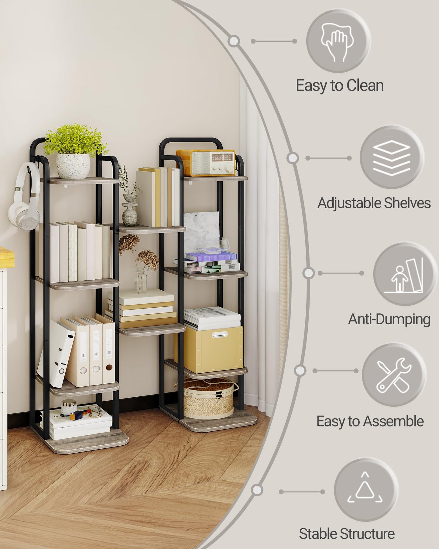 Hzuaneri 6 Tiers Vertical Shoe Rack, Narrow Shoe Tower, Tall Shoes Shelf with 2 Hooks, Adjustable Shelves, Corner Shoes Shelves for Small Spaces, Entryway, Living Room, Greige, SR04205B