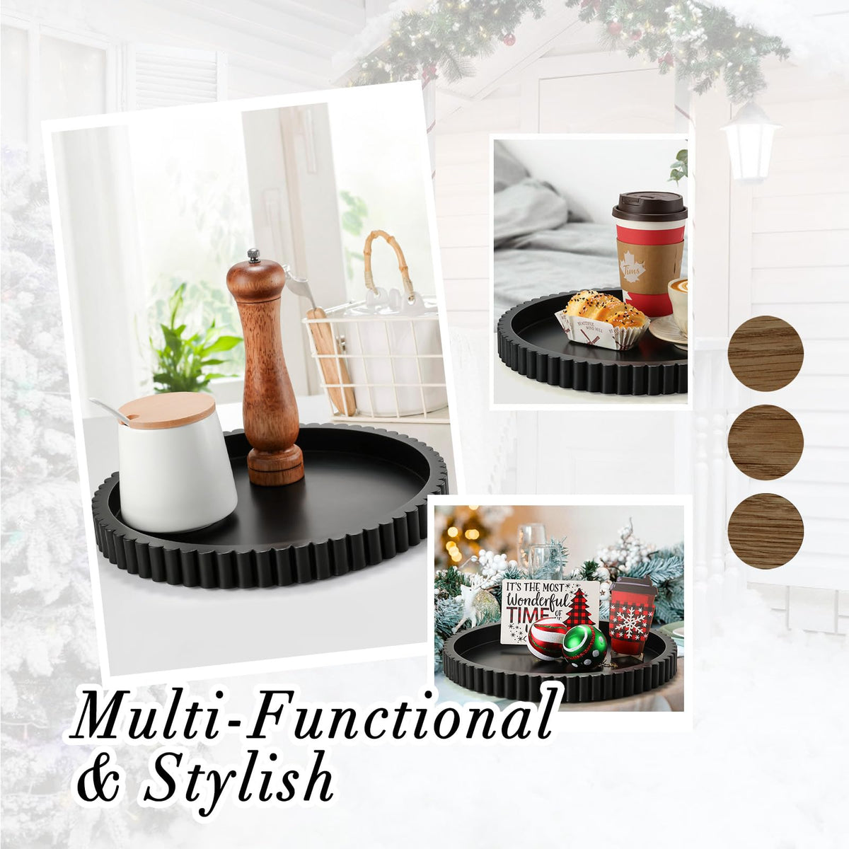 Handmade 12in Decorative Tray for Coffee Table Tray Decor, Black Wooden Decorative Round Tray for Kitchen, Living Room, Home Decor