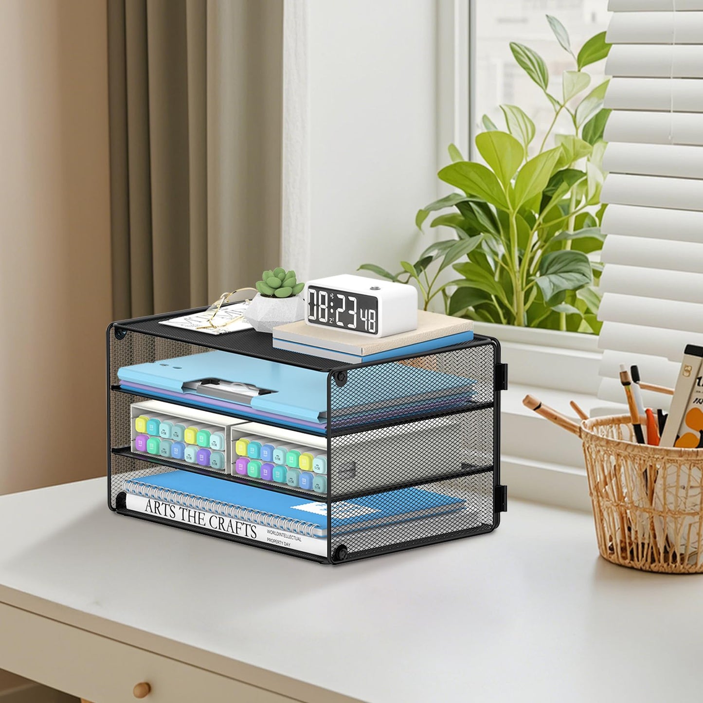 DALTACK 3 Tier Letter Tray Paper Organizer for Desk, Mesh Metal Desk File Organizer with Sliding Trays for Letter/A4 Paper, Mail, Bills & Folders, Black