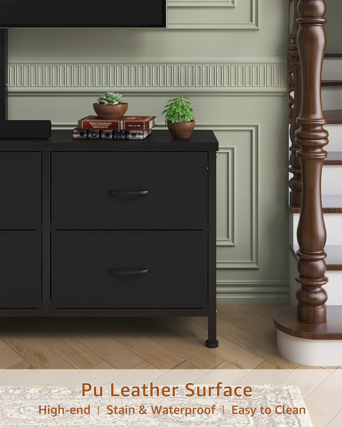 DrawXynth TV Stand with Mount, Fabric Dresser with 6 Drawers for 32/45/55/60/65/75 inch TVs, Black Dresser Entertainment Center, Modern Media TV Console Table