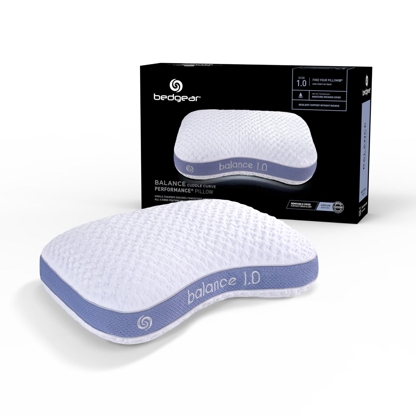 Bedgear Balance Cuddle Curve Performance Pillow - Size 1.0 - Moisture-Wicking Pillow for Side Sleepers - Medium Firmness Bed Pillow- Hypoallergenic, Washable Removable Cover - 20" W x 26" L x 5.25" H