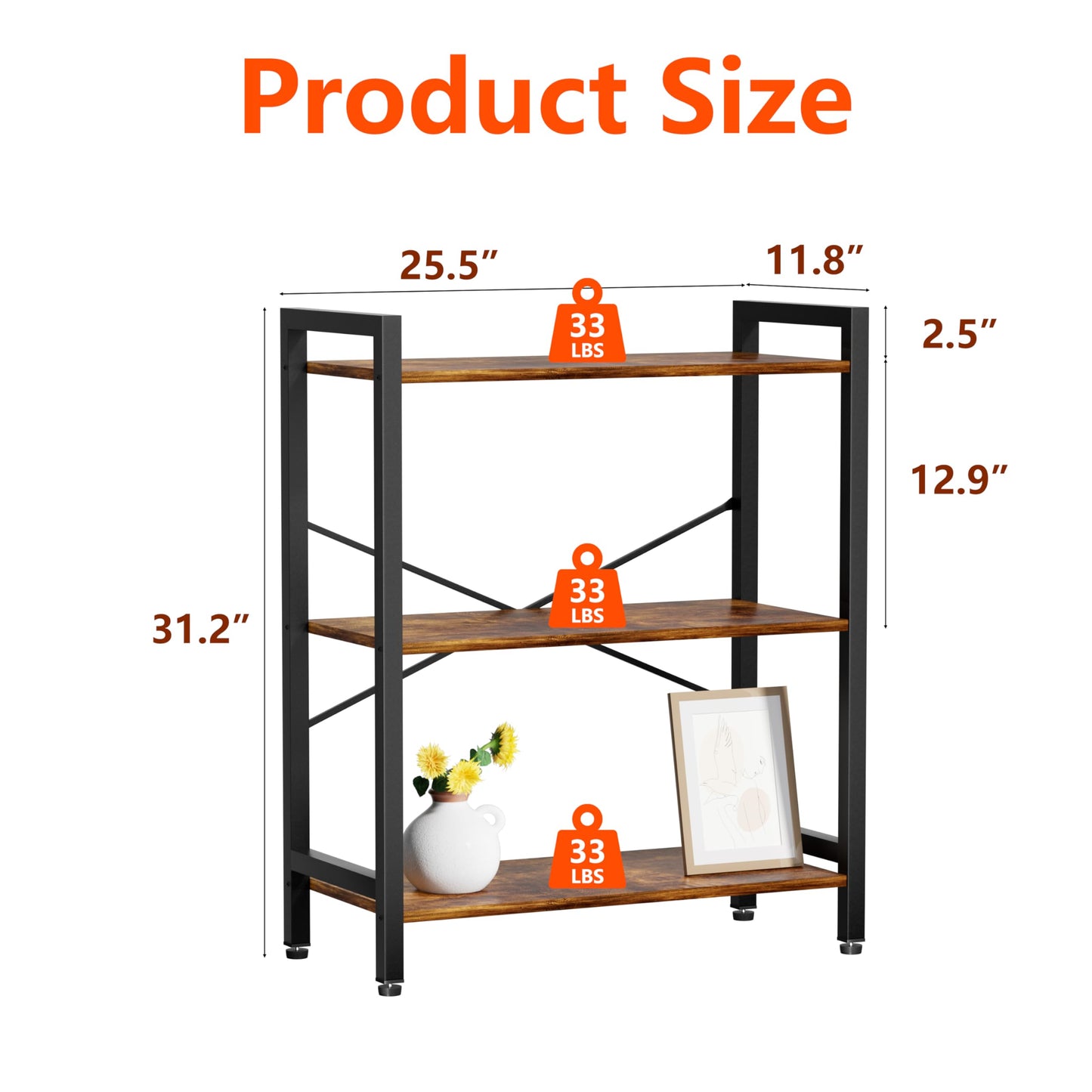 NewBeth 3 Tier Bookshelf,Storage Shelf with Steel Frame,Free Standing Open Book Shelves Storage Display Shelf