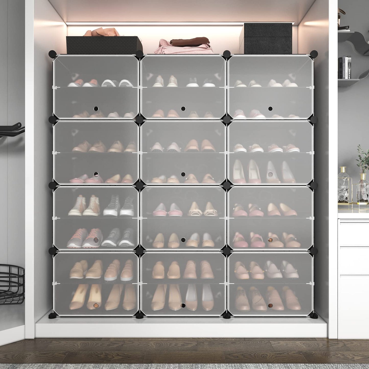 ROJASOP Portable 8-Tier Shoe Cabinet - 48-Pair Shoe Organizer with Expandable, Free Standing, Stackable Space Saving Design and 2 Exclusive Versatile Hooks for Bedroom