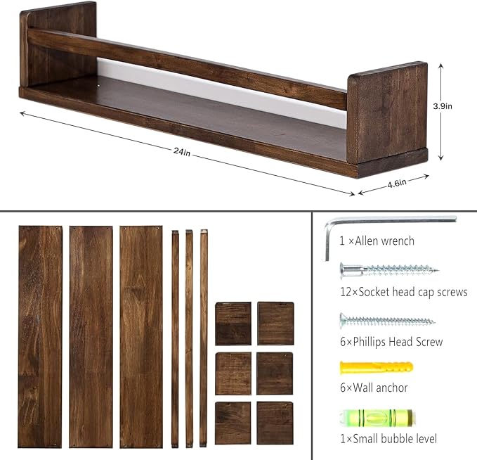 AZSKY Nursery Book Shelves 24 Inch Deep Walnut Floating Bookshelf