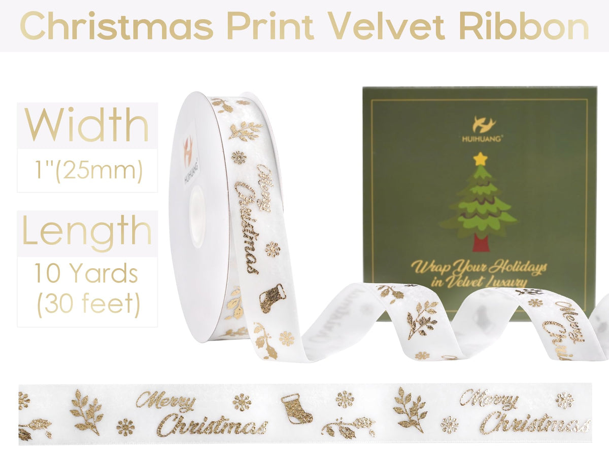 HUIHUANG 1 inch Christmas Velvet Ribbon White Velvet with Gold Printed Merry Christmas Ribbon for Gift Wrapping, Tree Ornaments, Wreaths, Garlands, DIY Crafts, Home Decor- Continuous 10 Yards
