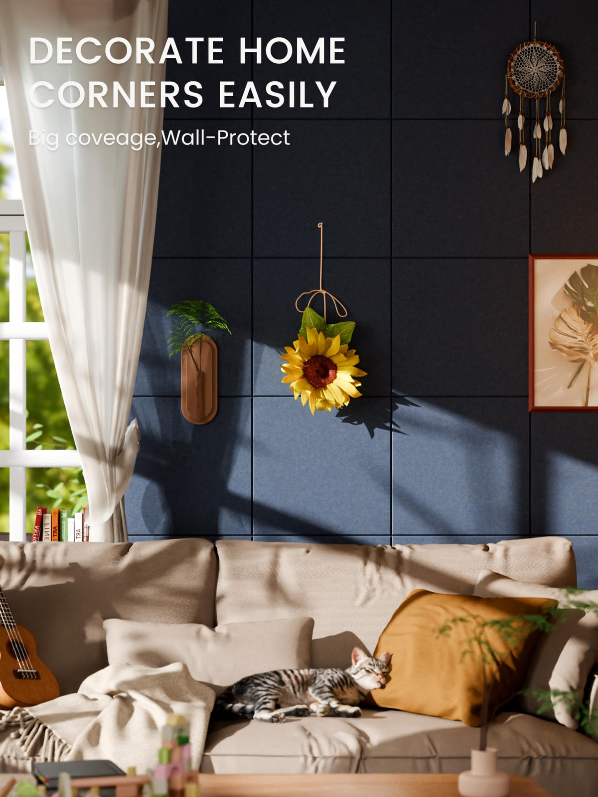 Bumusty Large Cork Board 48" x 36" Alternative - 12 Pack Felt Wall Tiles with 70 Safe Removable Adhesive Tabs, 30 Pushpins, Cork Boards for Walls Pin Board Bulletin Board Office Decor (Navy Blue)