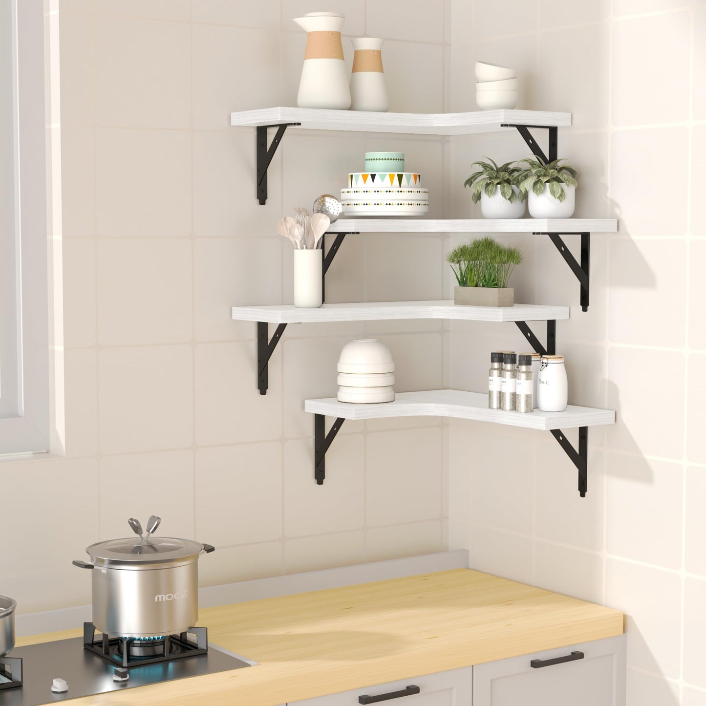 ROMGUAR CRAFT Corner Floating Shelves Wall Mounted Set of 4, Rustic Wood Storage Display Shelves for Home Decor, Bathroom, Kitchen, Bedroom, Living Room, Office (White)