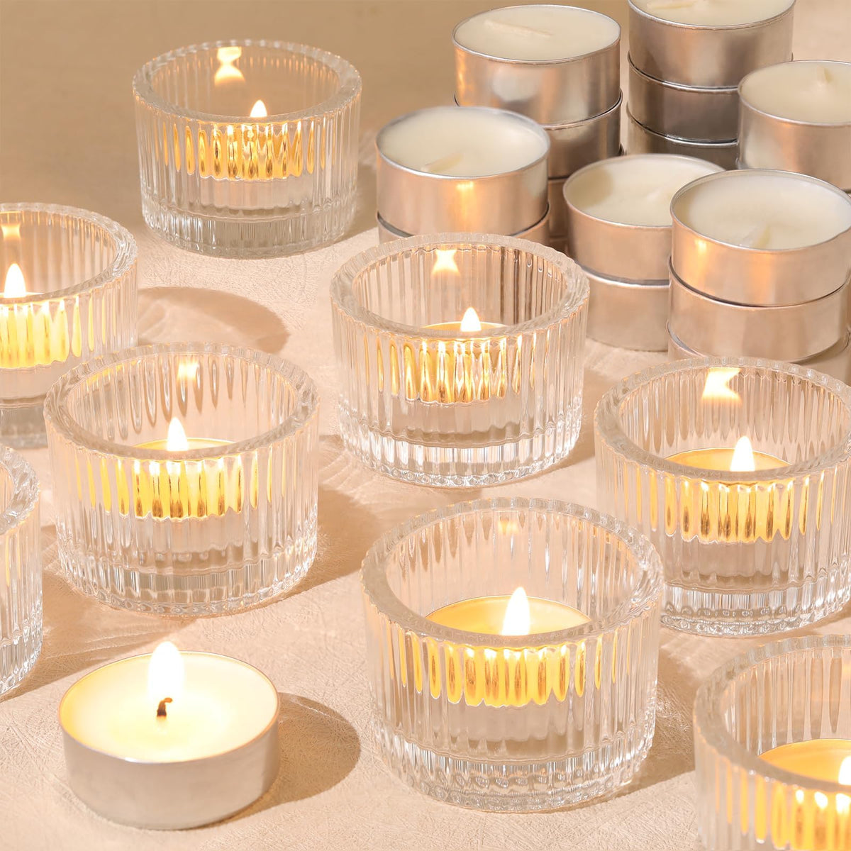 HAVITI 36 Pcs Clear Tealight Candle Holders with 36PCS Tea Lights Candles, Glass Votive Candle Holders Set for Table Centerpiece, Home Decor and Party Supplies