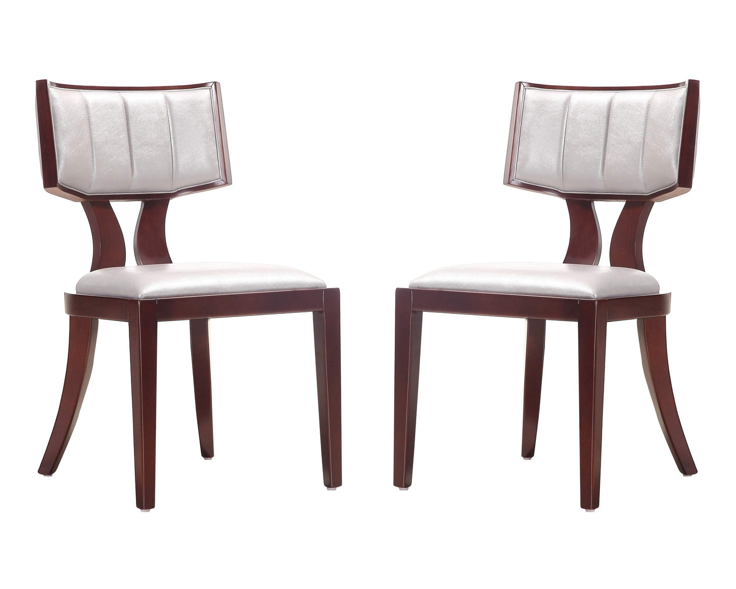 Manhattan Comfort Pulitzer Faux Leather Dining Chairs Set of 2, Solid Beech Wood with Walnut Finish, Iconic Greek Design, Fully Assembled Accent Kitchen Furniture, Silver