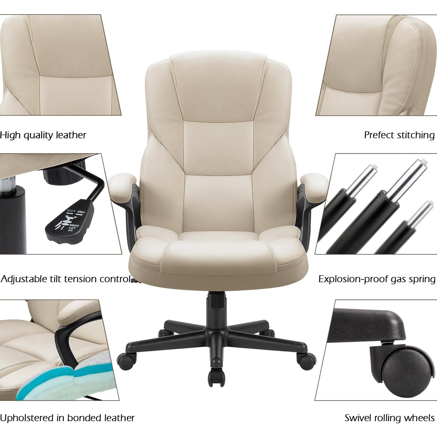 Furmax Office Executive Chair High Back Adjustable Managerial Home Desk Chair, Swivel Computer PU Leather Chair with Lumbar Support (1, Beige)