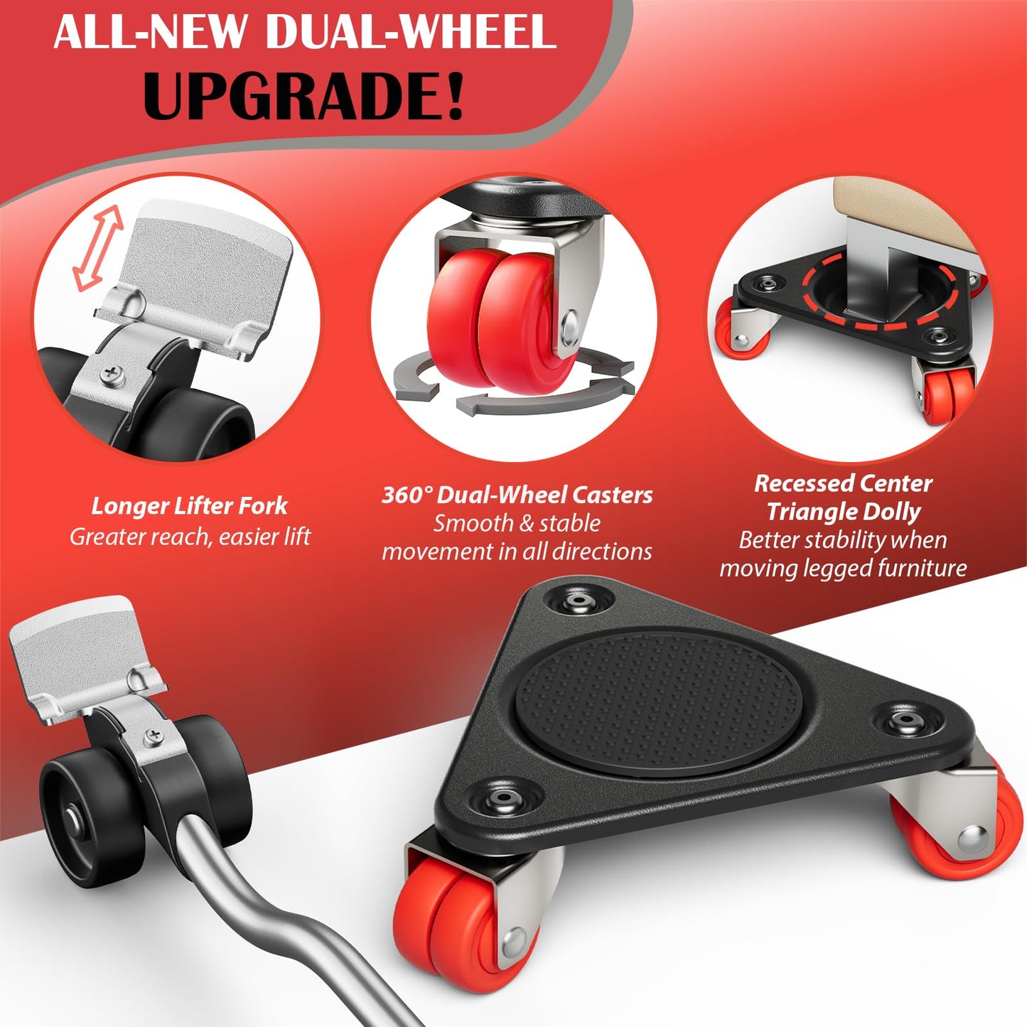 EZ 2MOVE Triangle Furniture Movers with 6-Wheel Dollies, Heavy Duty Tri-Dolly Set with Furniture Lifter, Non-Slip Pads, Up to 3000 lbs Load Capacity