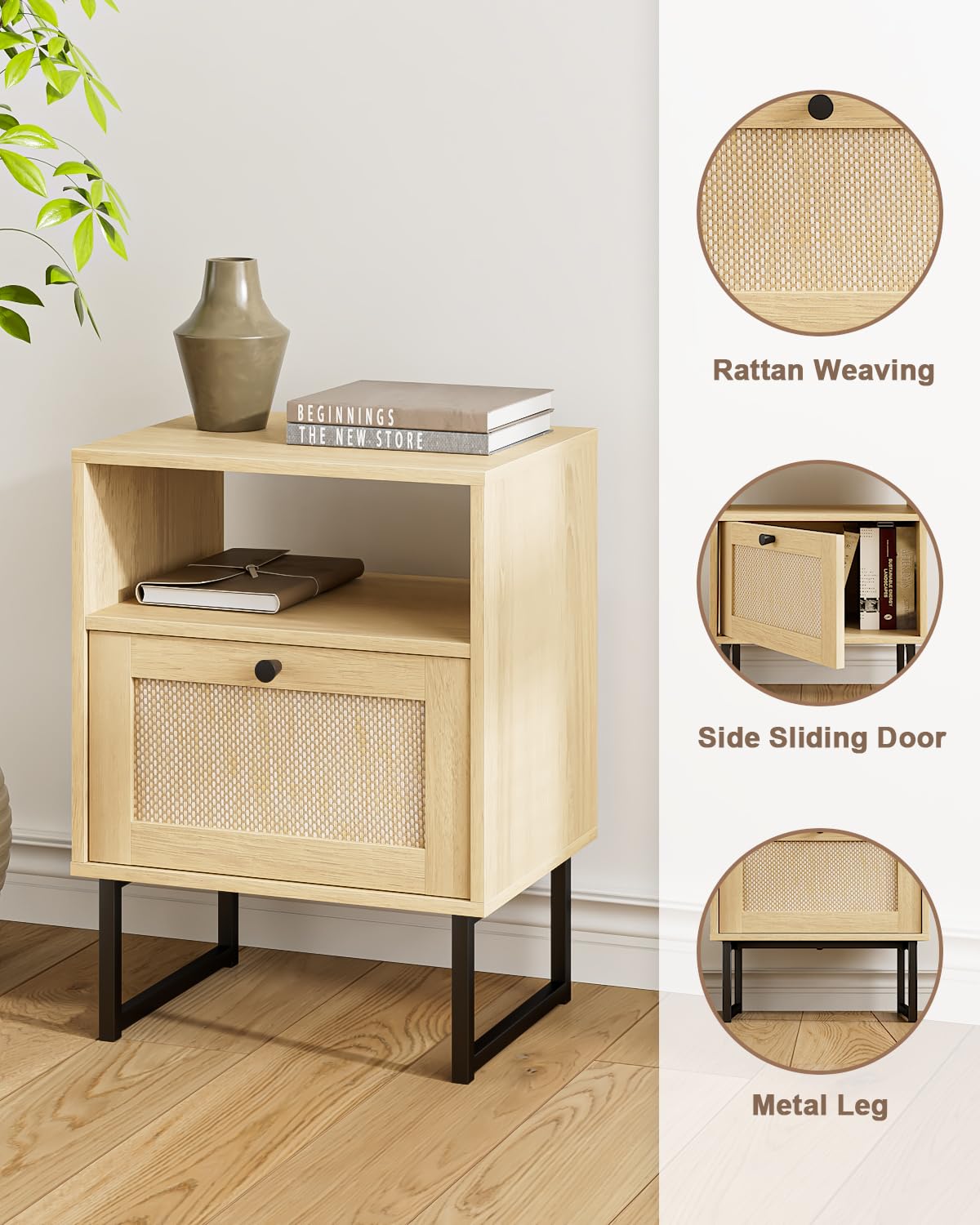 Apetaccat Rattan Nightstand, Boho Night Stand Farmhouse Wood Bedside Table with Storage and Open Shelf, End Side Accent Table for Bedroom,Living Room,Oak