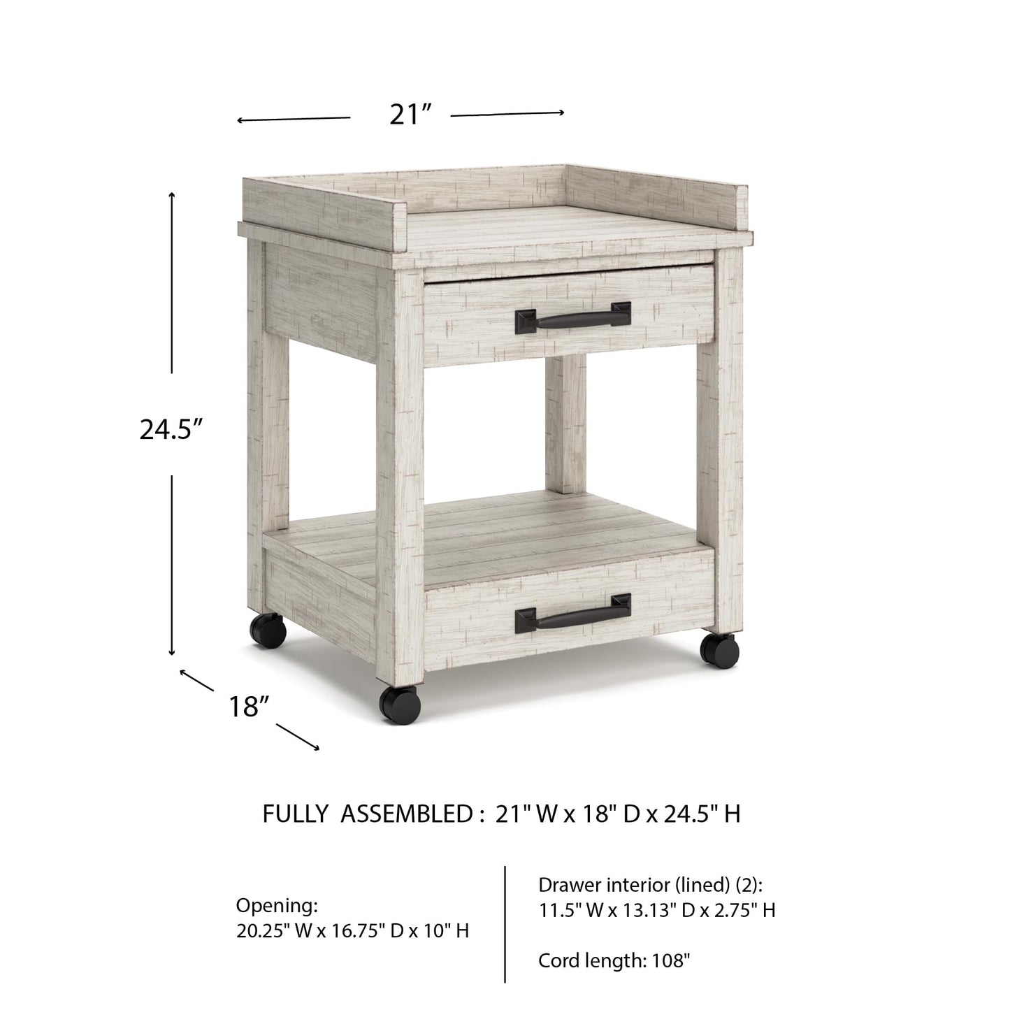 Signature Design by Ashley Carynhurst Rustic Farmhouse Printer Stand with Casters, Whitewash