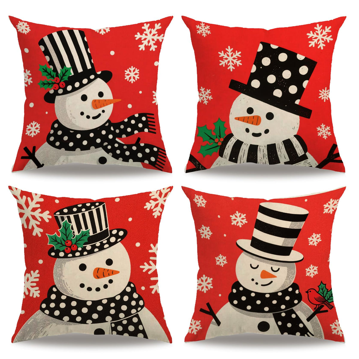 7COLORROOM Set of 4 Christmas Red Pillow Cover Lovely Snowman Festival Throw Cushion Cover Home Decorative Winter Cotton Linen Pillowcases 18" x 18"(Snowman)
