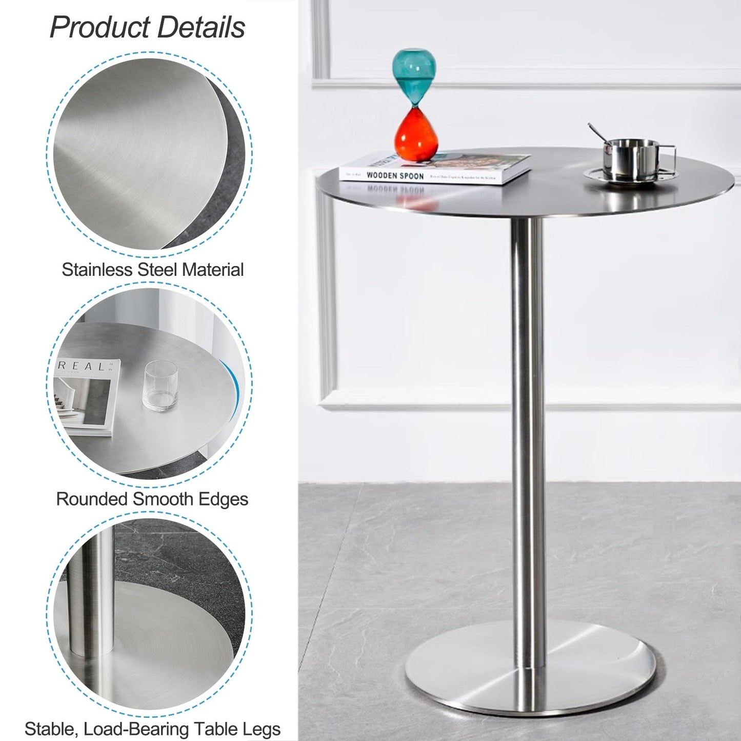 Modern Stainless Steel High Table, Sturdy Bistro Table for Restaurant & Cafe, Easy Assembly Tall Dining Table, Silver Finish, 40x40x95cm for Commercial Use