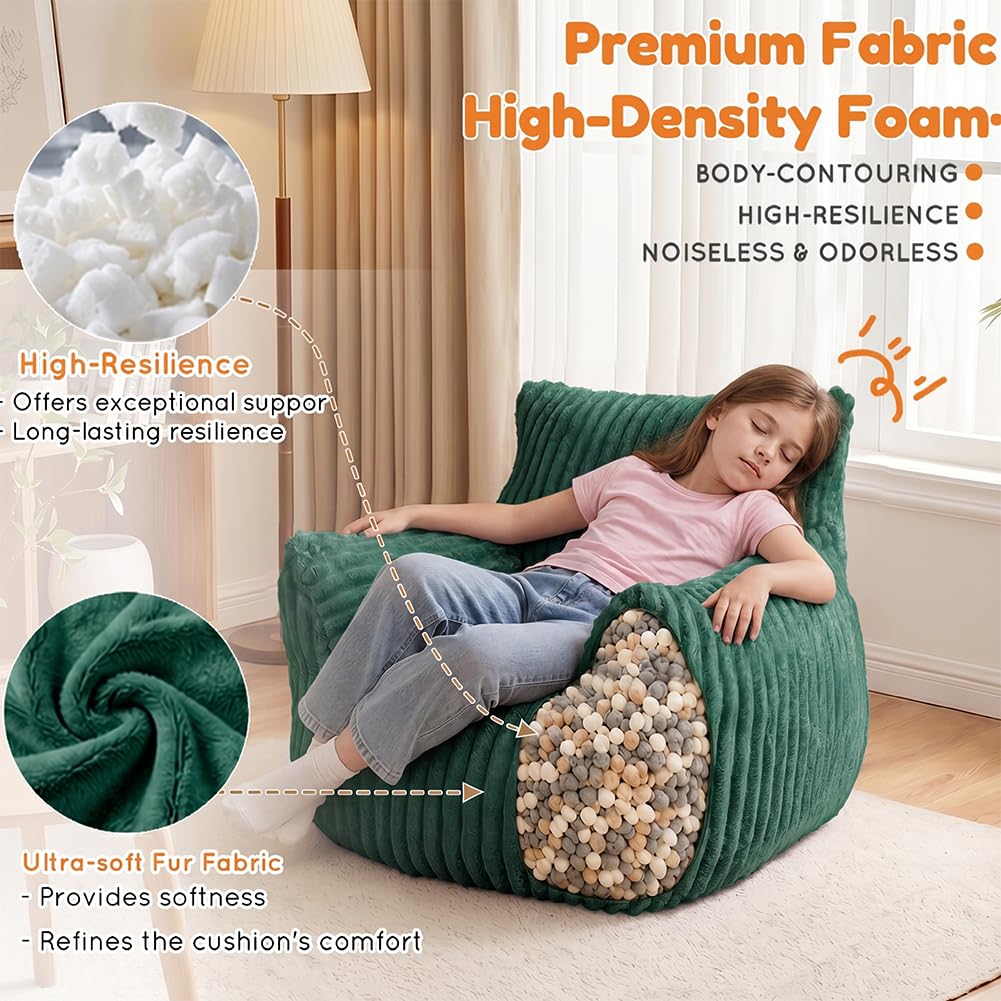 MaxiBean Bean Bag Chair - Plush Faux Fur Floor Seating Furniture Bean Bag Chair for Living Room, Bedroom, Playroom (2.5FT Stripe Green)