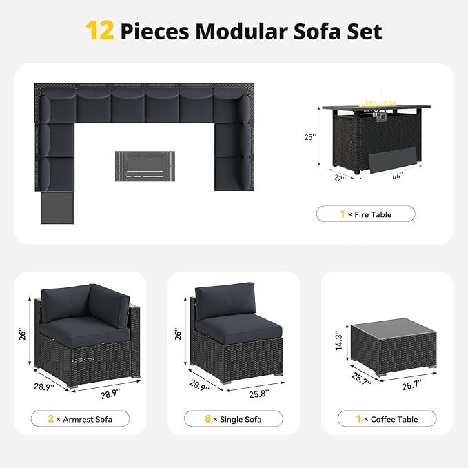 Aoxun Patio Furniture Set with Fire Pit Table, 12 Piece Outdoor Sectional Sofas