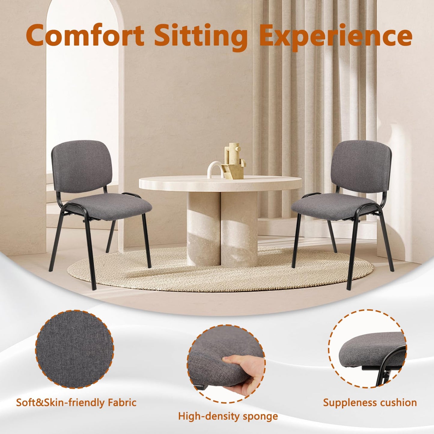 CLATINA Set of 10 Stackable Waiting Room Chairs, Armless No Wheels Reception Chair with Upholstered Seat, Guest Chairs for Conference, Breakroom, Lobby, Events, Church, School, Hall, Hotel (Grey)