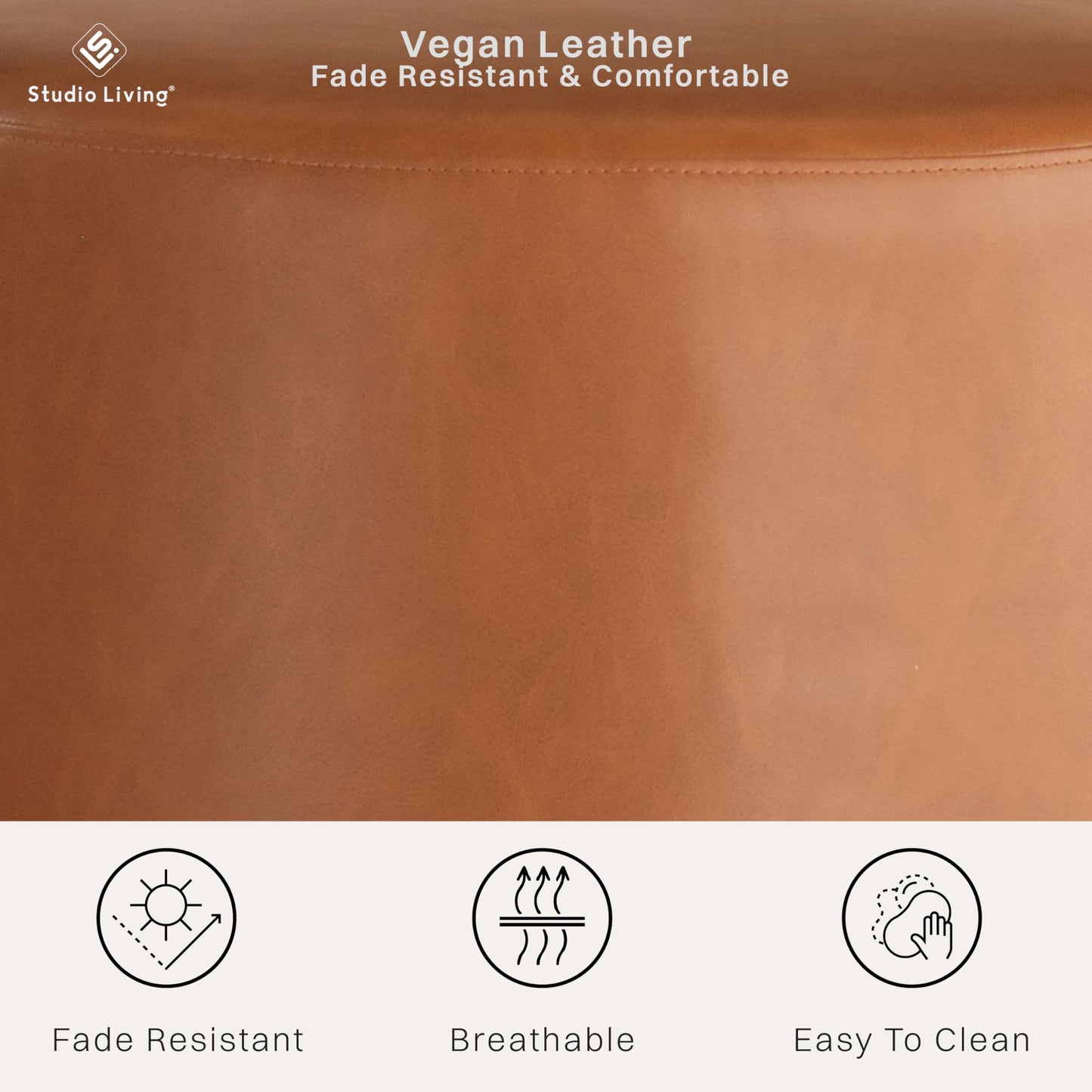 Studio Living Waverly 24" Thimble Ottoman, Urban Transitional, Fully Assembled, Vegan Leather Fabric, Carmel