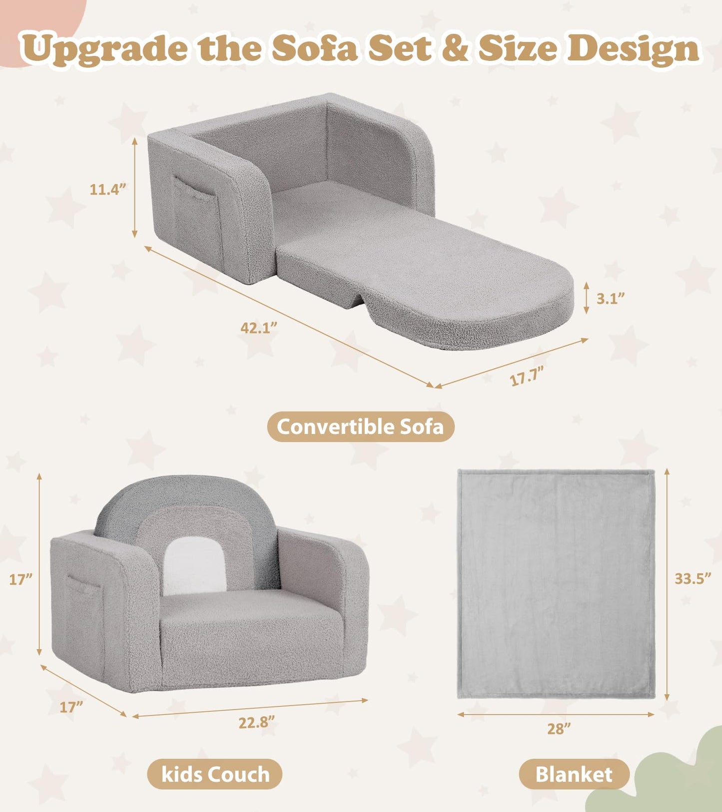 Foryoomi Kids Couch, 2-in-1 Soft Toddler Couch Fold Out with Blanket, Comfy Toddler Chair, Convertible Sofa, Gifts for Kids Girl Boys, Medium Grey Rainbow