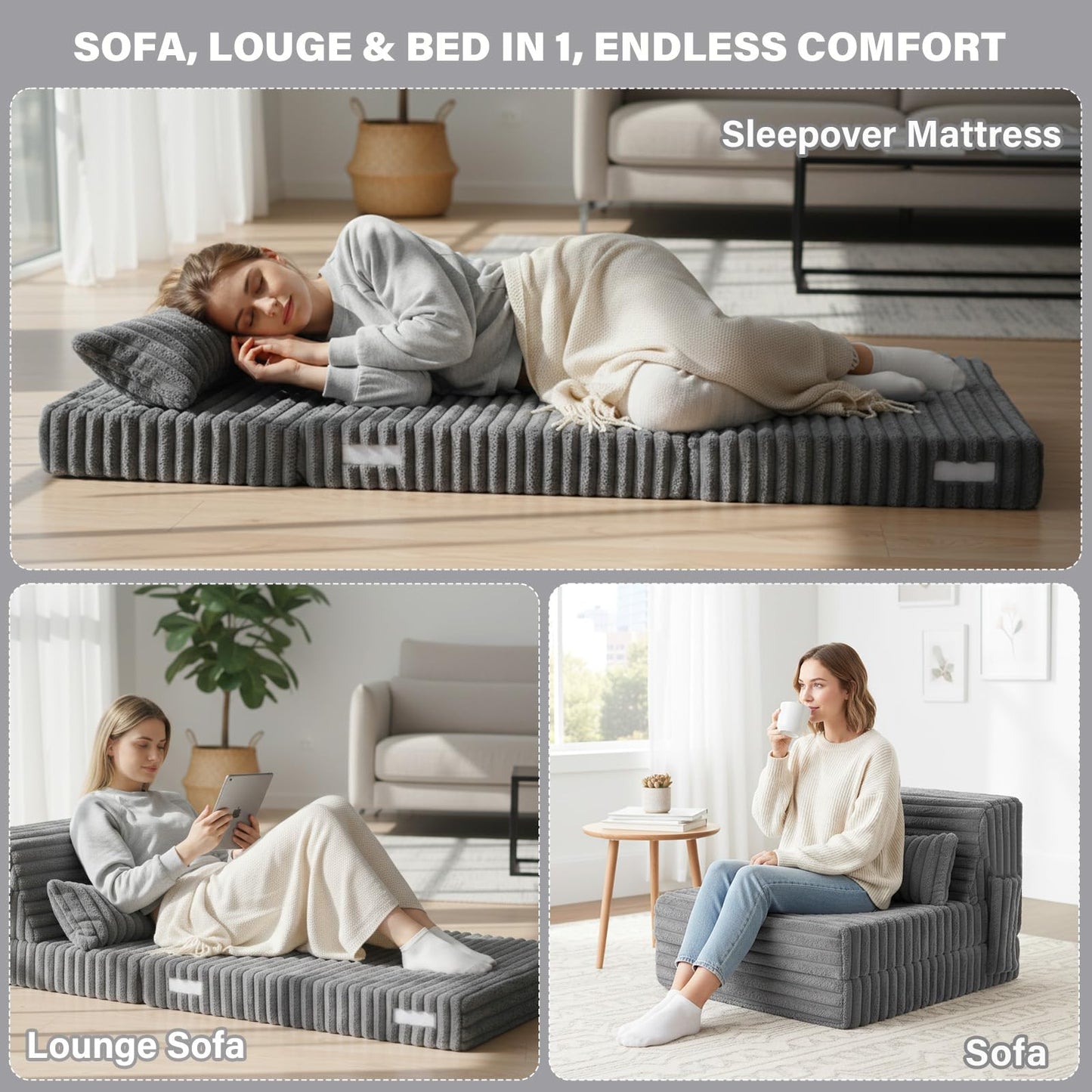 Tiita Folding Sofa Bed Convertible Sleeper Chair Mattress with Pillow & Side Pocket, Thick Corduroy Floor Mattress Couch Bed, Single Size, Grey