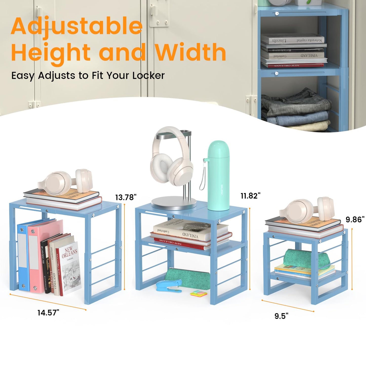LIDTOP Locker Shelf Blue, Adjustable Width and Height, Metal Locker Organizer Shelf School, Stackable Locker Storage Organization, Ideal Locker Fits Standard Size School, Office, and Gym Lockers