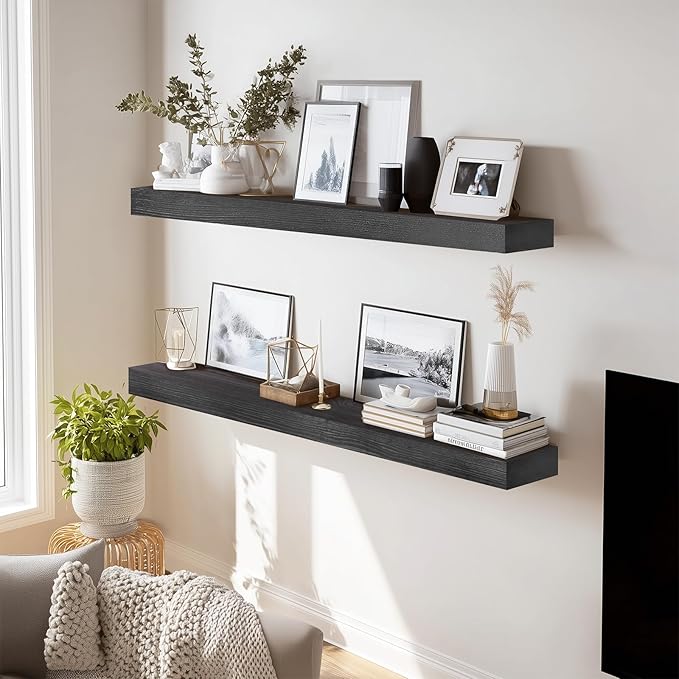 36x8x1.6 inch Floating Shelves Set of 2 – Solid Wood Rustic Black Wall Mounted
