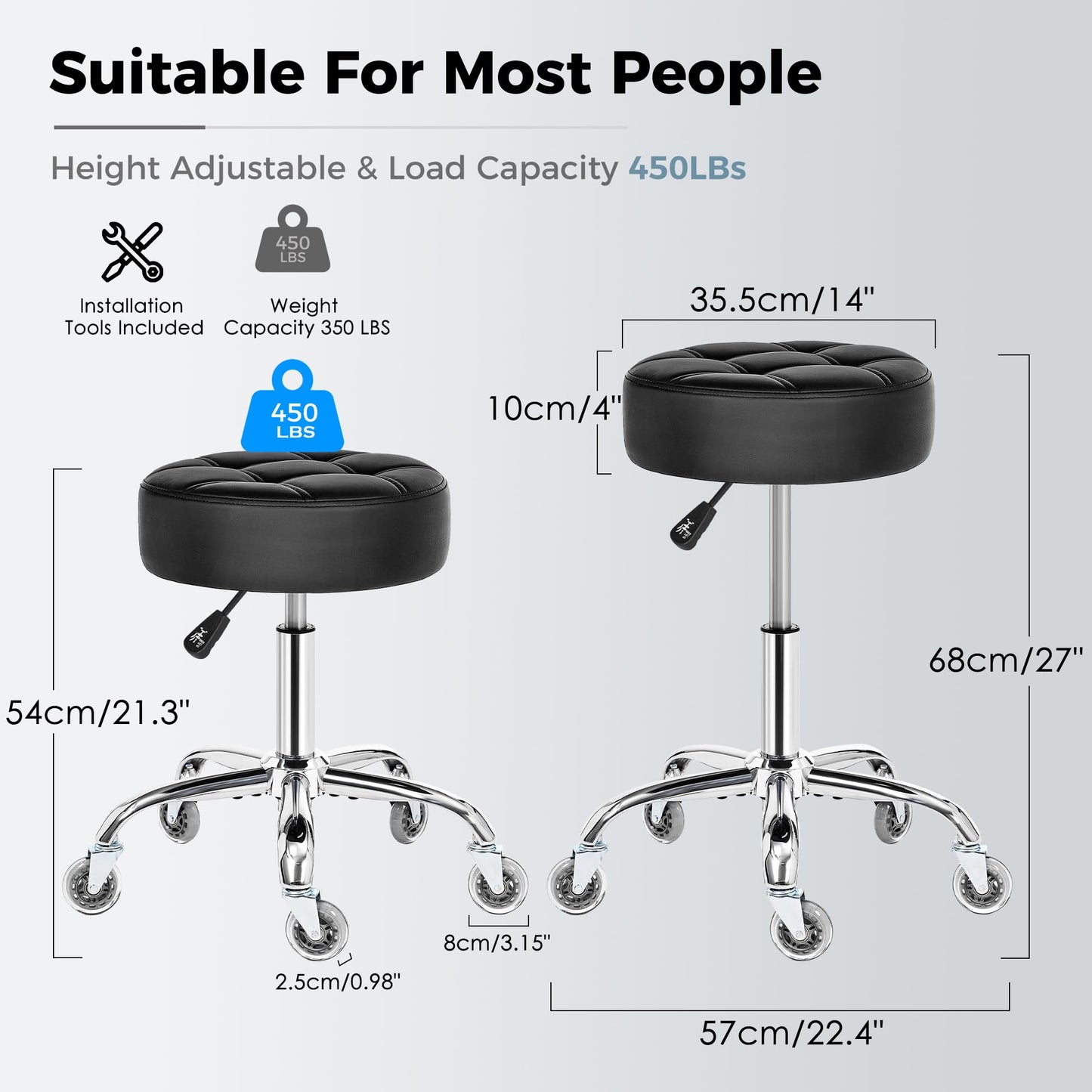 BEWISHOME Rolling Stool with Wheels, Adjustable Stool Heavy Duty 450lb, 360° Swive Rolling Chair for Massage Spa Medical Tattoo, PU Thick Seat Padding Salon Chair(Black) BYD01B