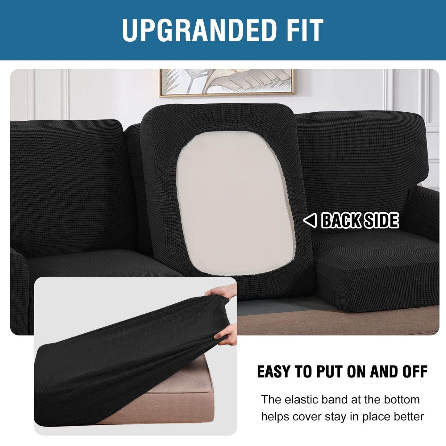 H.VERSAILTEX Multi-Pieces Chair Covers Stretch Couch Covers Form Fitted Seat and Back Cushions Covers (1 Seat Cover Plus 1 Back Cusion Cover, Bonus 2 Armrest Covers), Black