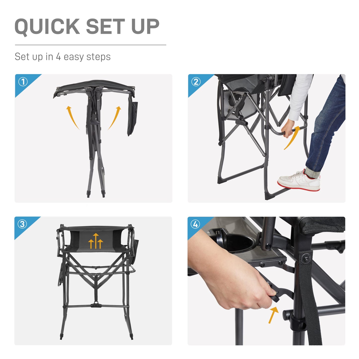 EVER ADVANCED 2 Piece Portable 30.7" Seat Height Tall Folding Camping Chair Directors Chair High with Side Table for Makeup Artist, Sports Event, Craft Show, Supports 350LBS