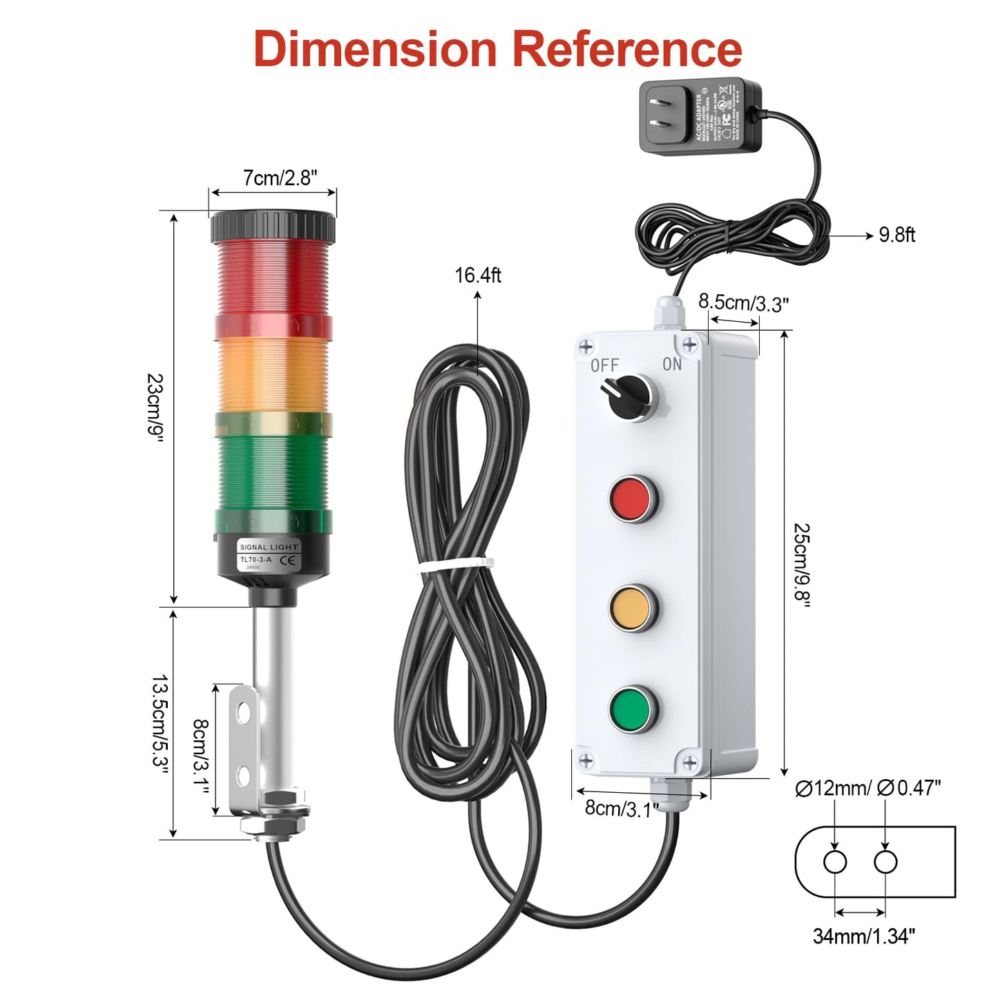 3 Stack Super Bright LED Andon Tower Lights, 24VDC Red/Yellow/Green Signal Light, Off-ON, No Sound, 16.4ft Extension Cord, 9.8ft Power Adapter, Plug Play Ready, for Factory Automation & Safety Alarms
