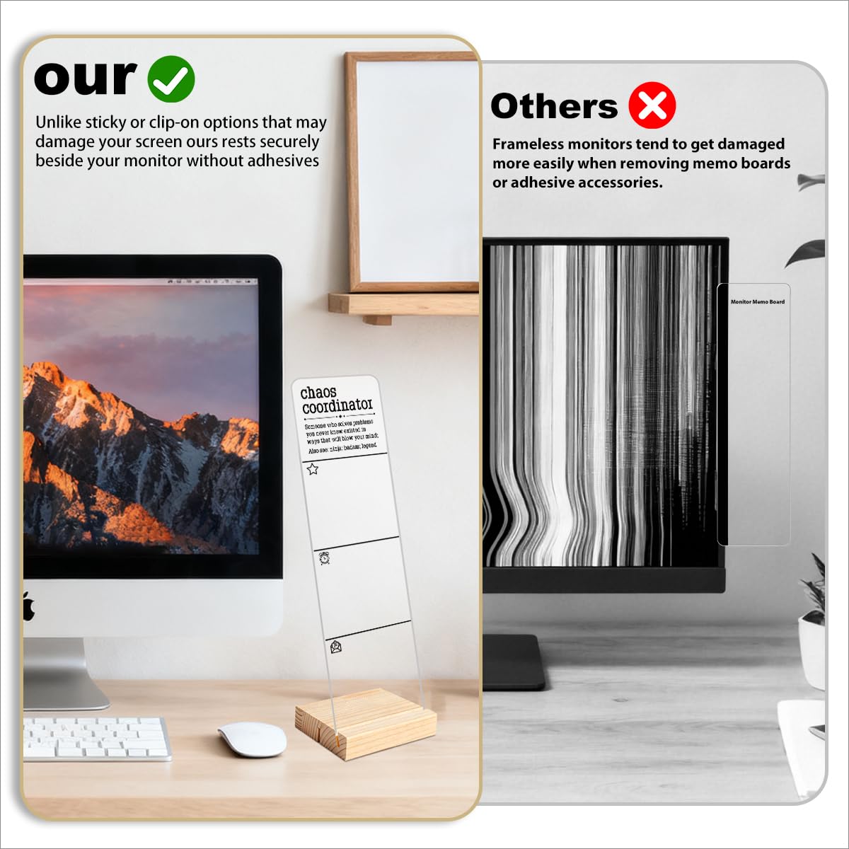 Monitor Memo Board with Removable Wooden Base Acrylic Portable Sticky Note Holder, Chaos Coordinator Acrylic Message Board Sign, Office Desk Desk Set Sticky Notes 100 Sheets