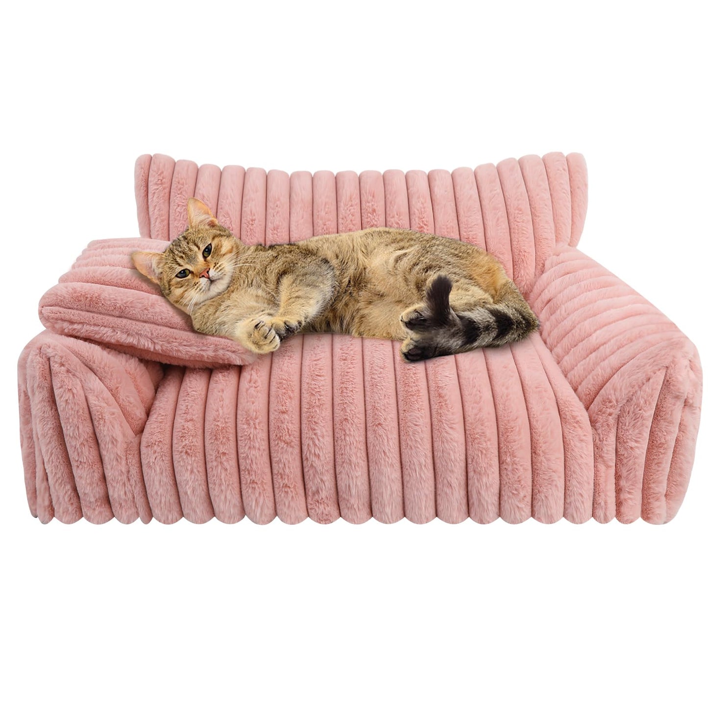 Cute Cat Couch Bed for Indoor Cats, Fluffy Pet Cat Sofa with Premium Soft Corduroy Fleece, Cute Small Dog Beds for Small Dogs, Fuzzy Puppy Chair with Removable Washable Cover (24x18x10,Pink)