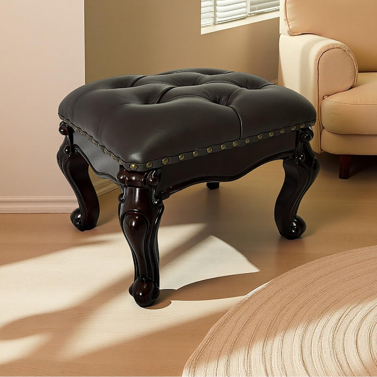 GHBRHBJ Leather Foot Stool,Vintage Footstools,Wooden Footrest,Upholstered Foot Rest for Living Room,Sofa,Entryway (Walnut)