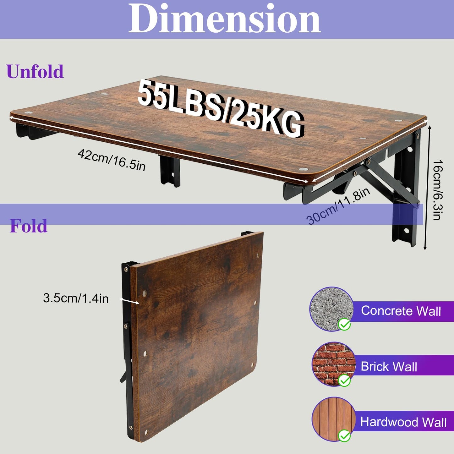 Wooden Folding Shelf Wall Mounted for Small Space, Wall Table for Living Room Bedroom Decor, Home Office Floating Fold Down Desk, Media Shelves with Heavy-Duty Brackets Holds Up to 30lbs, 16.5"*11.8"