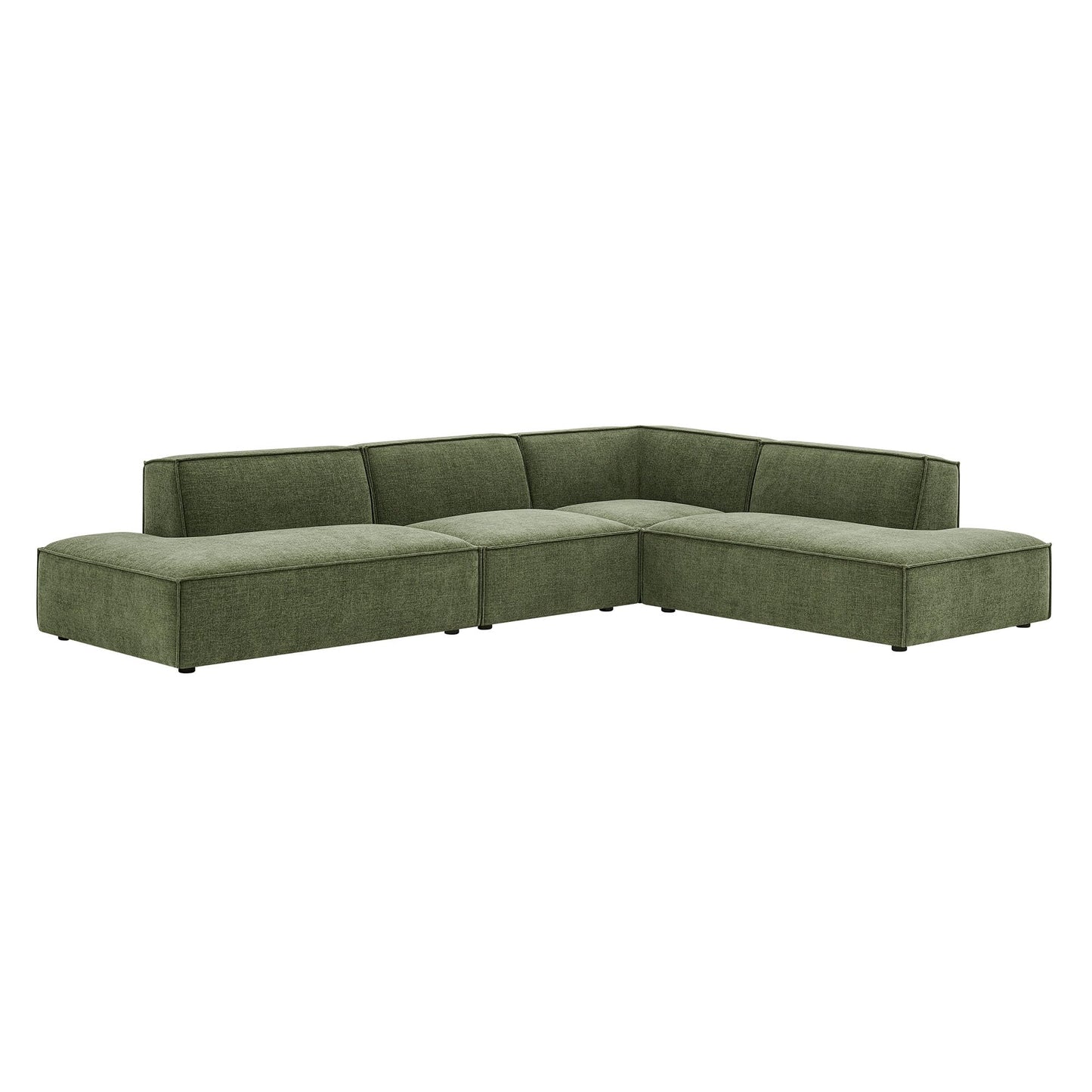 Modway Restore Performance Fabric Upholstered 4-Piece Modular L-Shaped Armless Sectional Sofa in Foliage – Low Profile Couch with Coil Seat Support and French Piping
