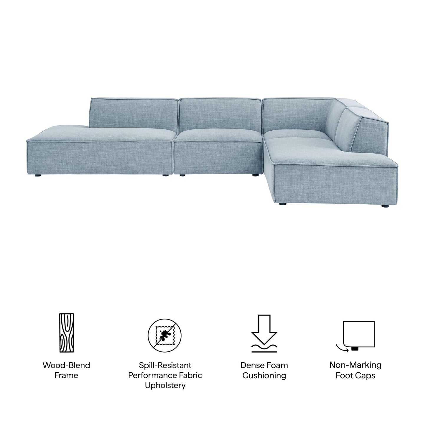 Modway Restore Performance Fabric Upholstered 4-Piece Modular L-Shaped Armless Sectional Sofa in Sky – Low Profile Couch with Coil Seat Support and French Piping