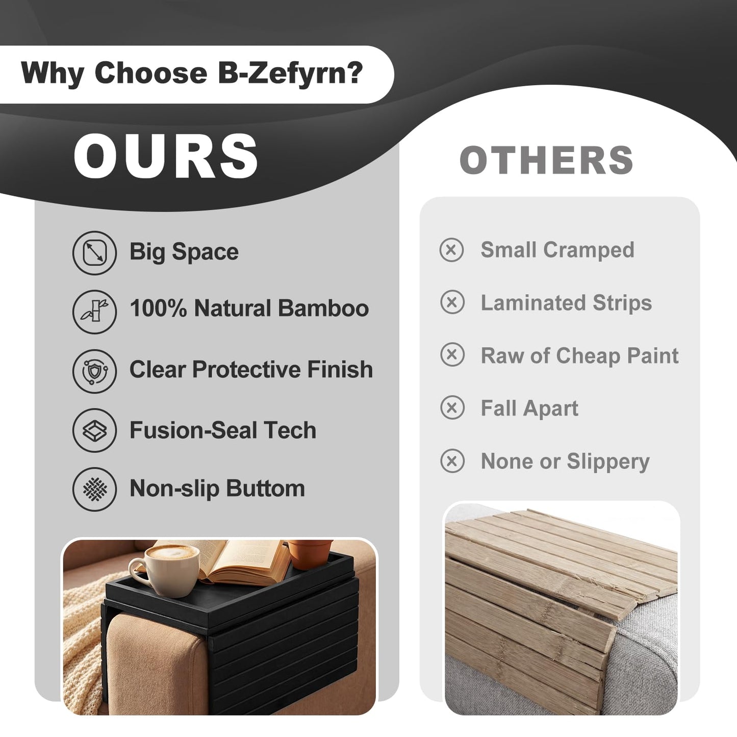 B-Zefyrn Sofa Arm Tray, Foldable Bamboo Couch Armrest Table with Large 12.5" x 5.8" Storage Compartment, Portable Chair Couch Caddy Arm Tray for Cup TV Snacks Phone