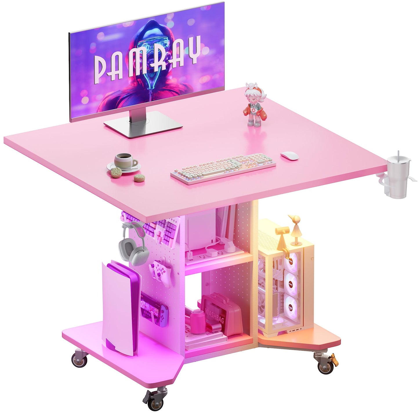 Pamray Small Gaming Desk Rolling Computer Table Pink