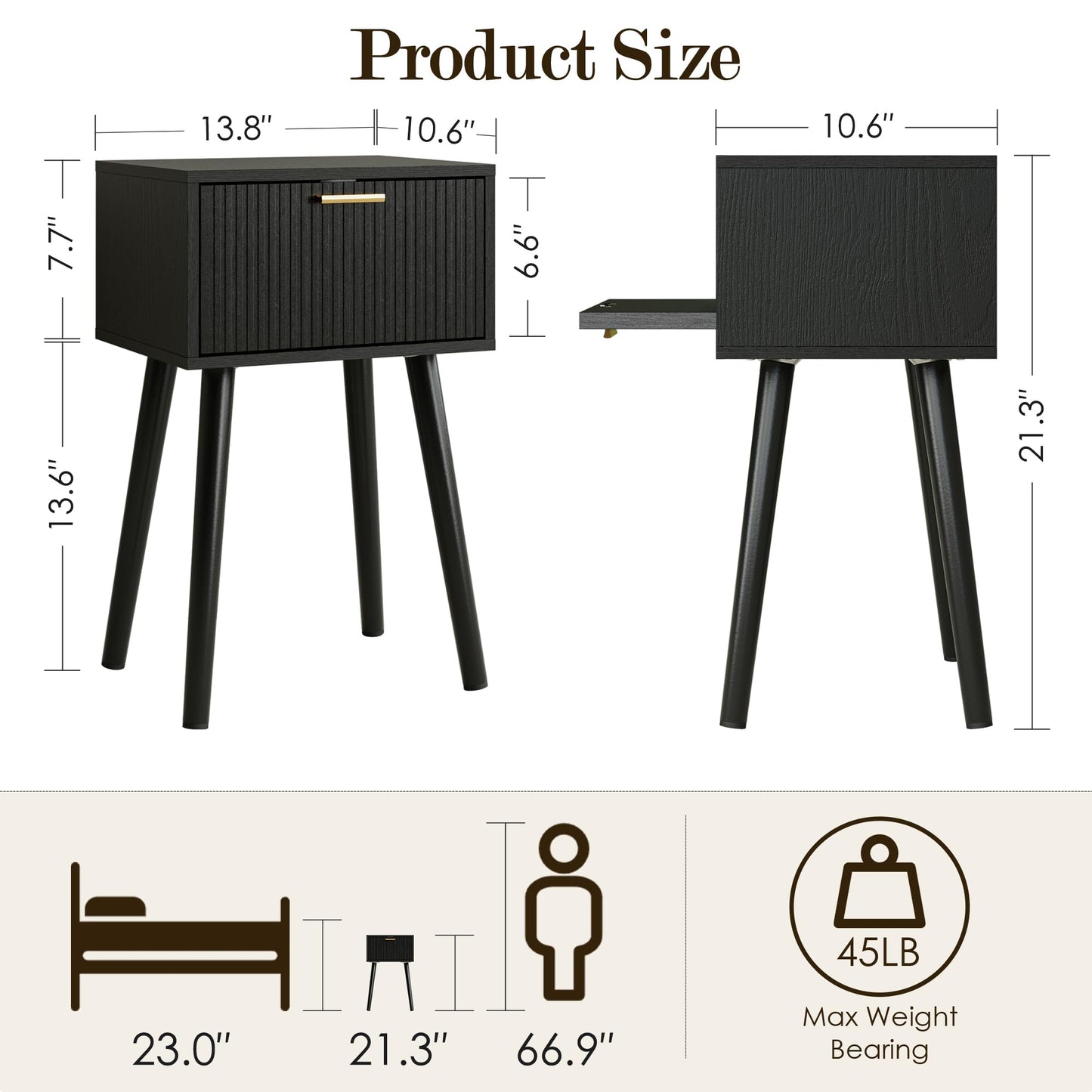 ASACESCU Night Stand, Black Nightstand with Fluted Door, Small Modern Mid-Century Bedside Table for Bedroom, End Table for Living Room