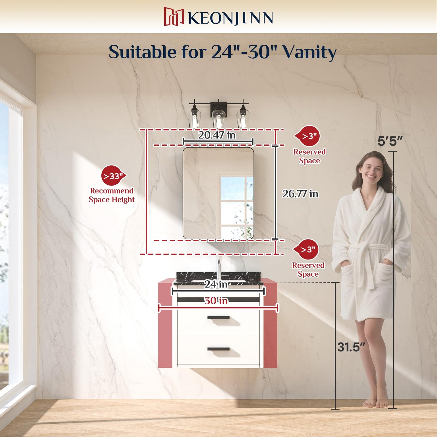 Keonjinn 20 x 26 Inch Brushed Nickel Recessed Medicine Cabinets, Bathroom Mirrored Medicine Cabinet, Brushed Nickel Stainless Steel Framed, Adjustable Shelves, In Wall or Surface Mount, Sturdy, Modern