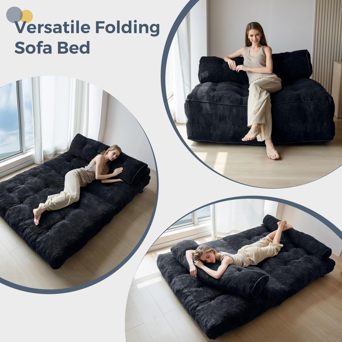 MAXYOYO Folding Sofa Bed, Convertible Chair with Pillow Foldable Couch with Back Support, Portable Fold Out Chair Bed Comfy Floor Sofa Lounge for Living Room Bedroom, Black Double