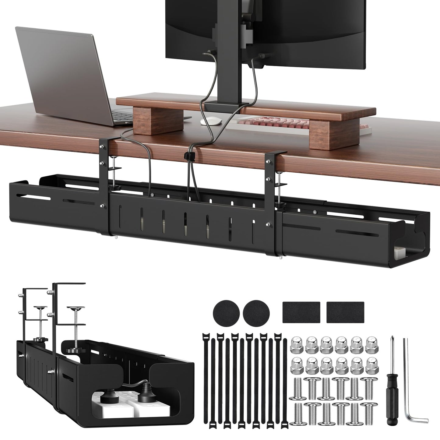 SUREUP9 Under Desk Cable Management Tray, Expandable 25.2"–38.6" Heavy Duty Carbon Steel with Clamp, Hidden Cord Organizer for Desk, Home Office & Standing Desk, No Drill Installation, Black